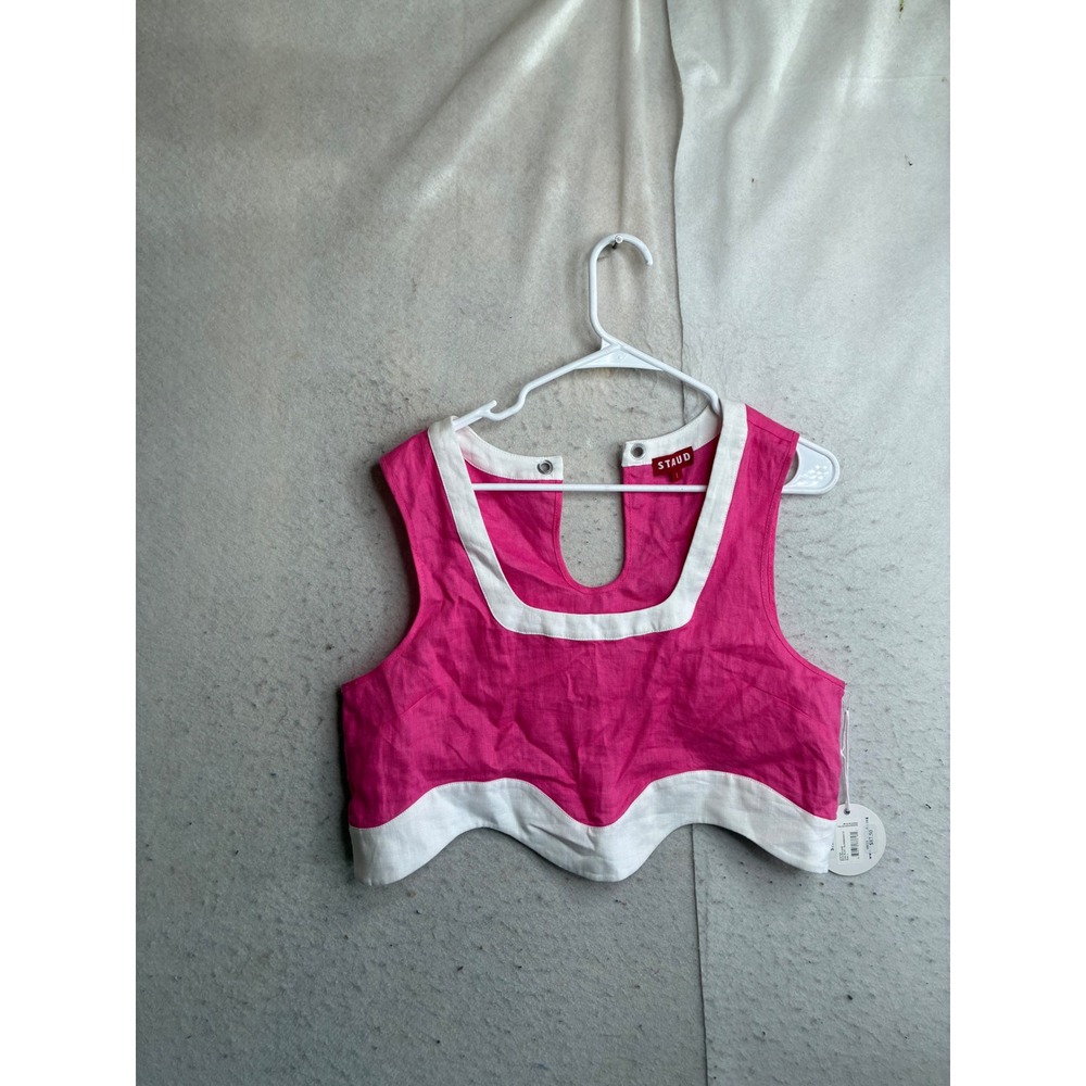 NWT STAUD Livia Top Blossom White Pink Linen Scalloped Crop Tank Size L 302-3460